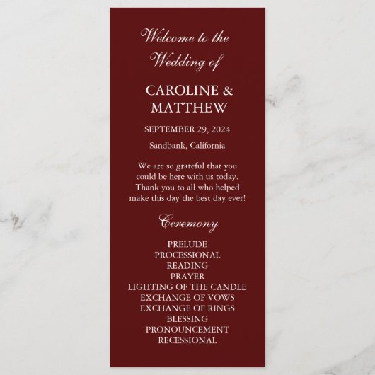 Programme Burgundy Boho Dinner Modern Minimalistic Wedding  (Devant)