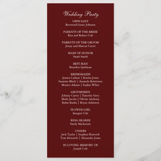 Programme Burgundy Boho Dinner Modern Minimalistic Wedding  (Dos)