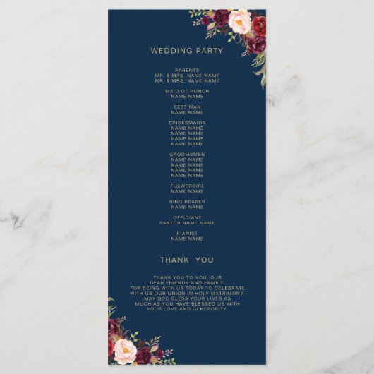 Programme Burgundy Floral Navy Blue Script Photo Mariage (Dos)