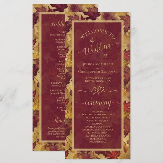 Programme Burgundy & Gold Autumn Leaves Elegant Wedding (Devant / Derrière)