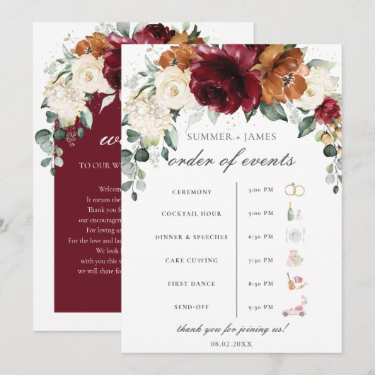 Programme Burgundy Ivory Rust Floral Wedding Order of Event  (Devant / Derrière)