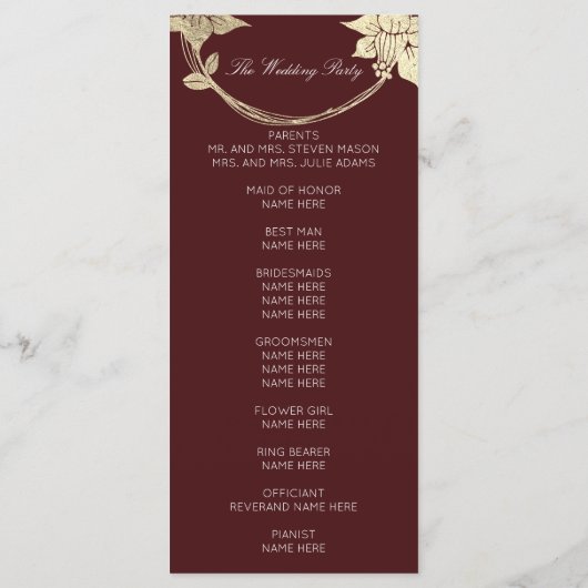 Programme Burgundy Maroon Gold Floral Event Wedding Programm (Dos)