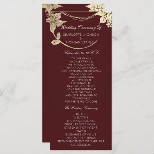 Programme Burgundy Maroon Gold Floral Event Wedding Programm (Devant / Derrière)