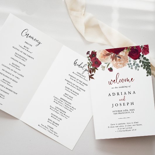 Programme Burgundy Rose Blush Floral Folal Mariage