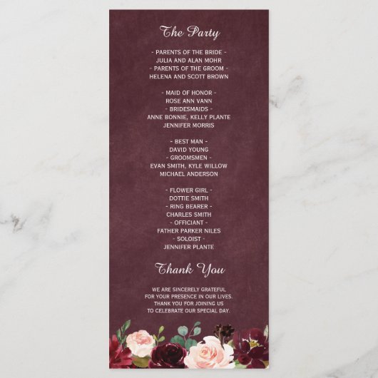 Programme Burgundy Rouge Blush Floral Mariage (Dos)