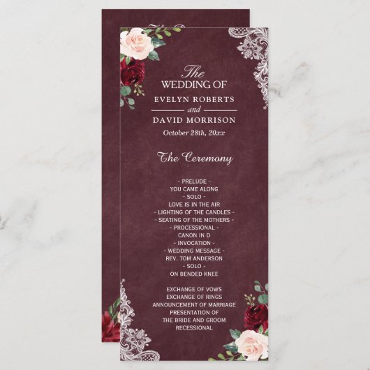 Programme Burgundy Rouge Blush Floral Mariage (Devant / Derrière)