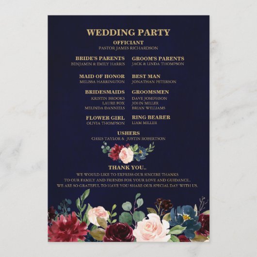 Programme Burgundy Rouge Navy Floral Rustique Bohème Éventai (Devant)