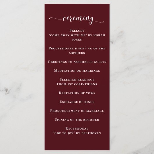 Programme Burgundy Simple Calligraphie Mariage moderne (Devant)