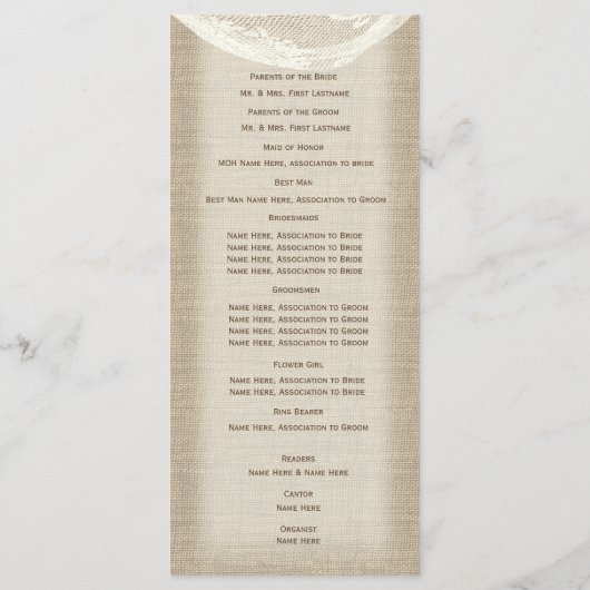 Programme Burlap Bow and Lace Wedding Program (Dos)