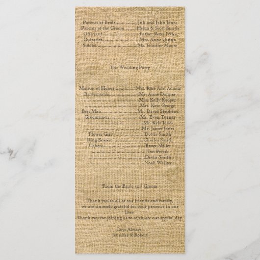 Programme Burlap et Birch Posh Wedding Program (Dos)