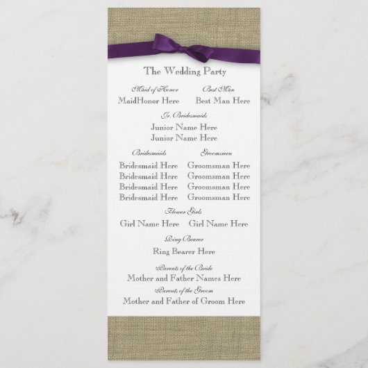 Programme Burlap et Purple Bow Wedding Program (Dos)