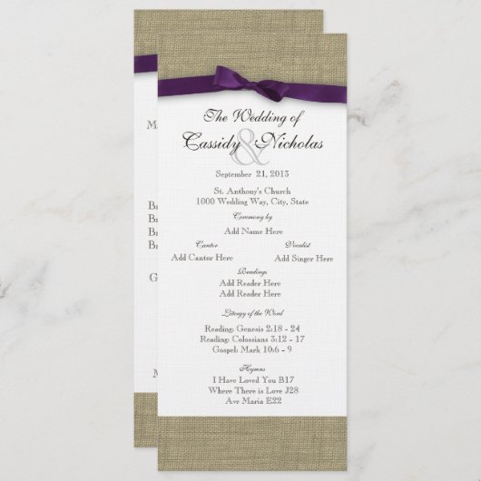Programme Burlap et Purple Bow Wedding Program (Devant / Derrière)