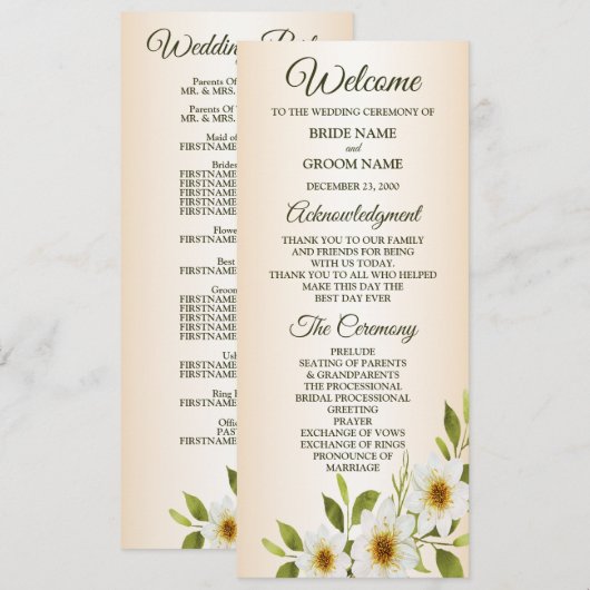 Programme Cadre Doré Rustique Fleurs Blanches Mariage Péché (Devant / Derrière)