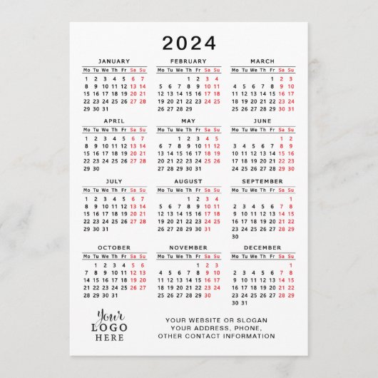 Programme Calendrier de l'année 2024 blanc noir rouge minima (Devant)