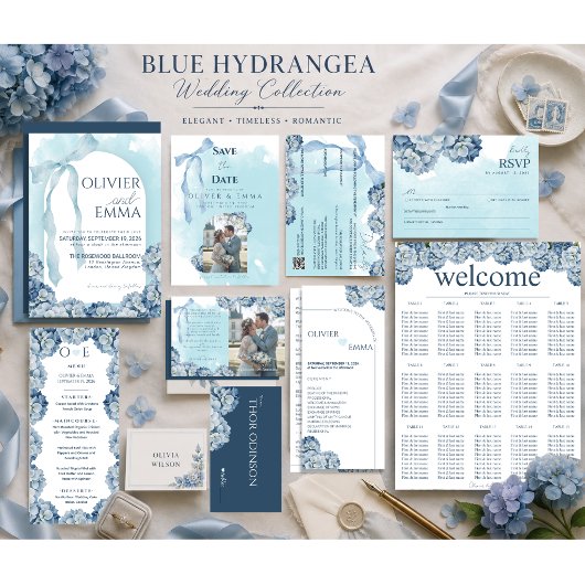 Programme Calendrier de mariage aux hortensias bleus élégant