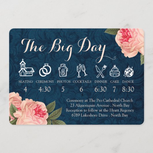 Programme Calendrier de mariage aux pivoines corail et bleu (Devant)