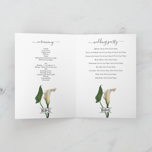Programme Calla Lily Mariage Botanique Ordre de service (Intérieur)