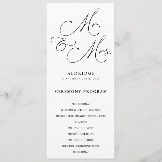 Programme Calligraphie Noire Et Blanc M. Et Mme Mariage (Devant)