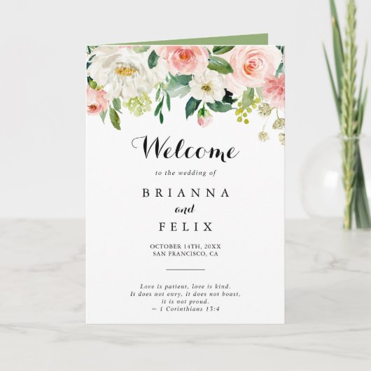 Programme Calligraphie verte florale simple Mariage plié (Devant)