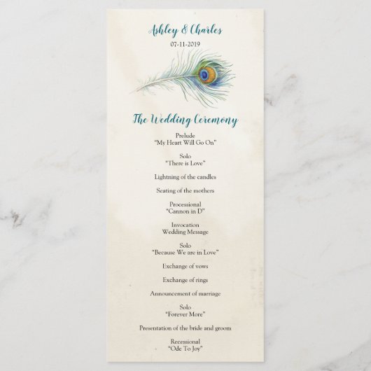 Programme Carton Mariage Turquoise Bohemian Peacock (Dos)