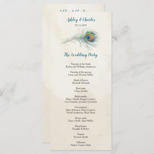 Programme Carton Mariage Turquoise Bohemian Peacock (Devant / Derrière)