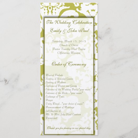 Programme Cartons d'invitation de mariage en damas vert (Devant)