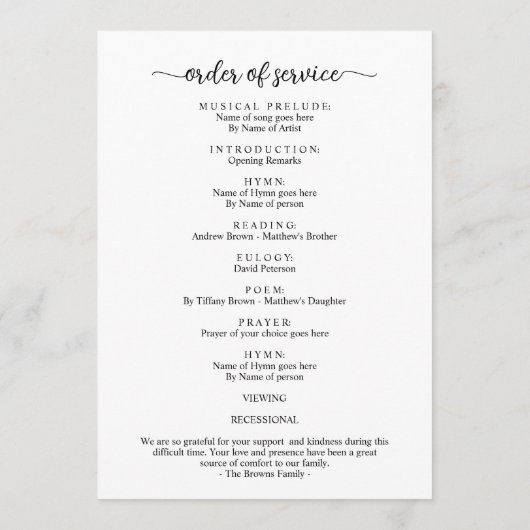 Programme Célébration de la vie 1 Photo Funérailles commémor (Dos)