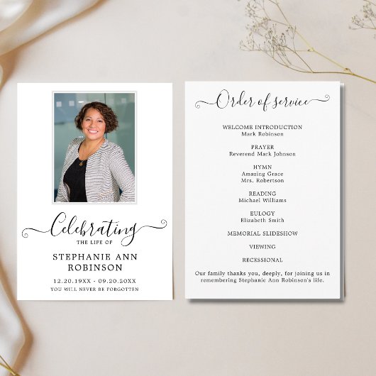 Programme Célébration de la vie Photo Ordre du service
