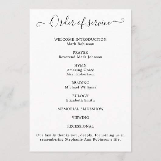 Programme Célébration de la vie Photo Ordre du service (Dos)