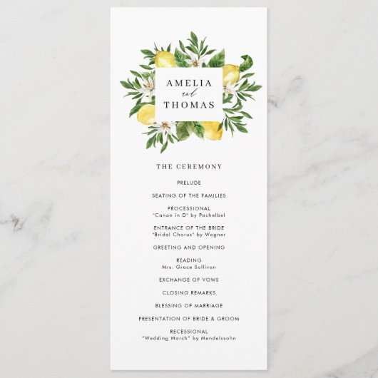 Programme Cérémonie de mariage à l'aquarelle avec verdure et (Devant)