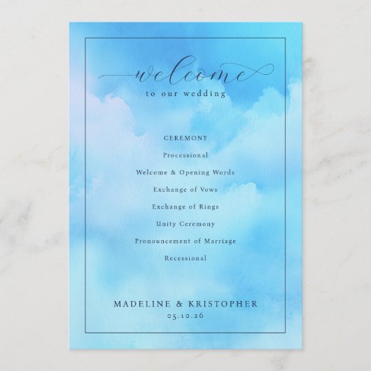 Programme Cérémonie de mariage à l'aquarelle bleu sérénité (Devant)
