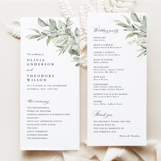 Programme Cérémonie de mariage à l'aquarelle botanique vert