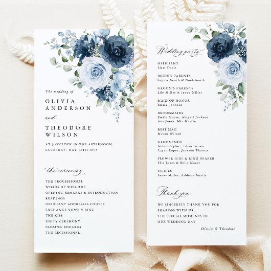 Programme Cérémonie de mariage à l'aquarelle florale bleu po