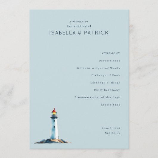 Programme Cérémonie de mariage au phare bleu serein (Devant)