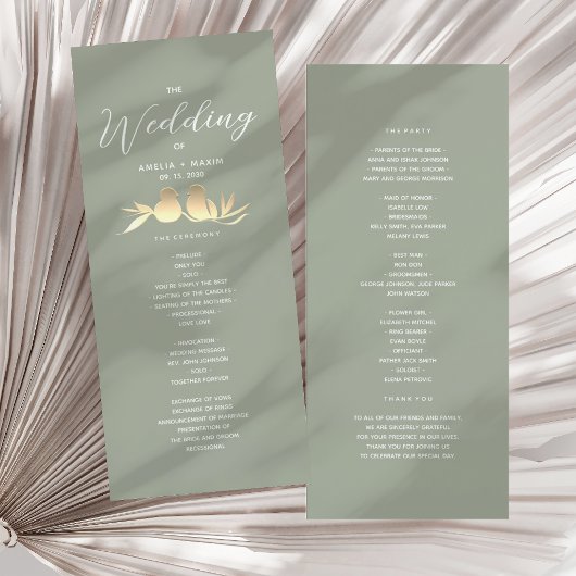Programme Cérémonie de mariage au vert sauge et or