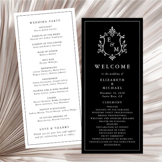 Programme Cérémonie de mariage avec blason de monogramme élé