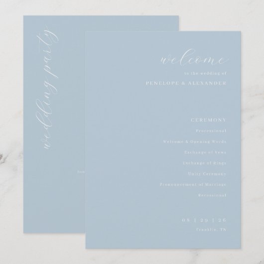 Programme Cérémonie de mariage bleu élégant (Devant / Derrière)