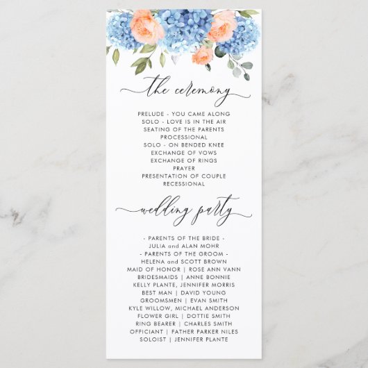 Programme Cérémonie de Mariage Blue Hydrangea Blush Rose Ros (Dos)