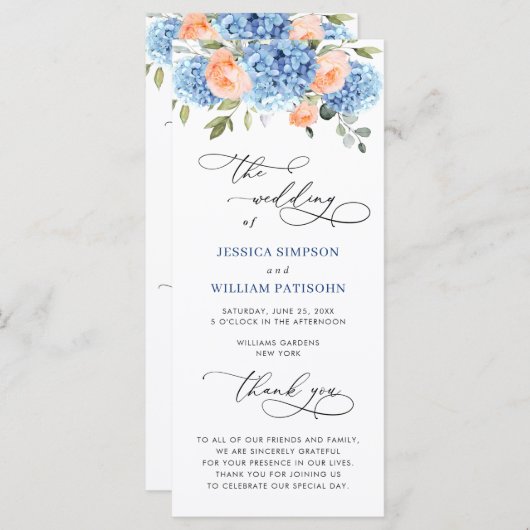 Programme Cérémonie de Mariage Blue Hydrangea Blush Rose Ros (Devant / Derrière)