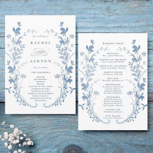 Programme Cérémonie de mariage botanique bleu français éléga