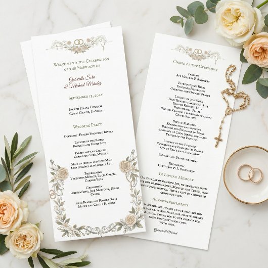 Programme Cérémonie de mariage catholique florale Rose éléga