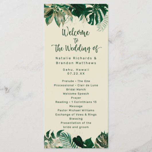 Programme Cérémonie de mariage chic avec feuillage tropical (Devant)