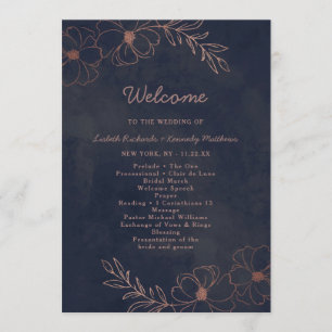 Programme Cérémonie de mariage chic bleu marine et rose gold