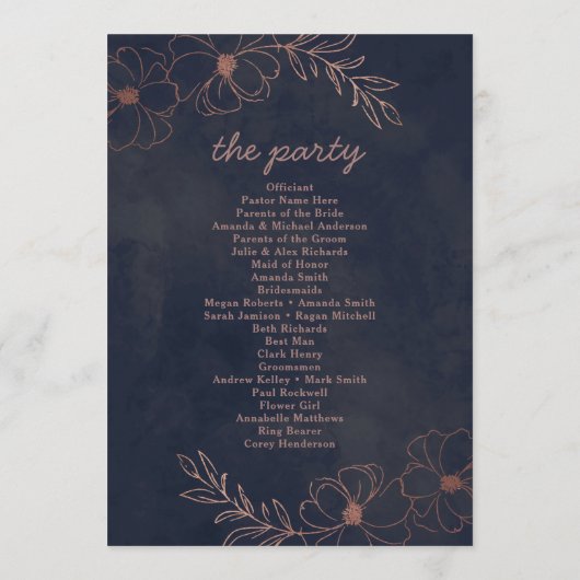 Programme Cérémonie de Mariage chic Blue & Rose Gold Foil de (Dos)