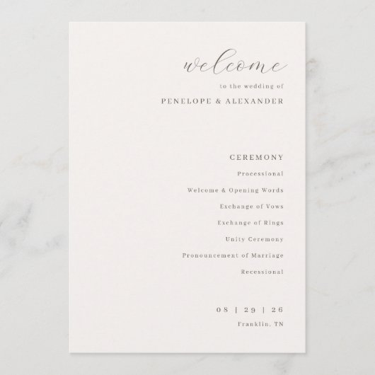 Programme Cérémonie de mariage Crème Élégante (Devant)