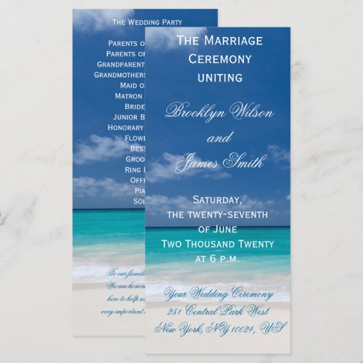 Programme Cérémonie de mariage de Blue Beach (Devant / Derrière)