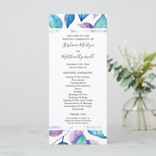 Programme Cérémonie de Mariage de feuille d'aquarelle violet (Debout devant)