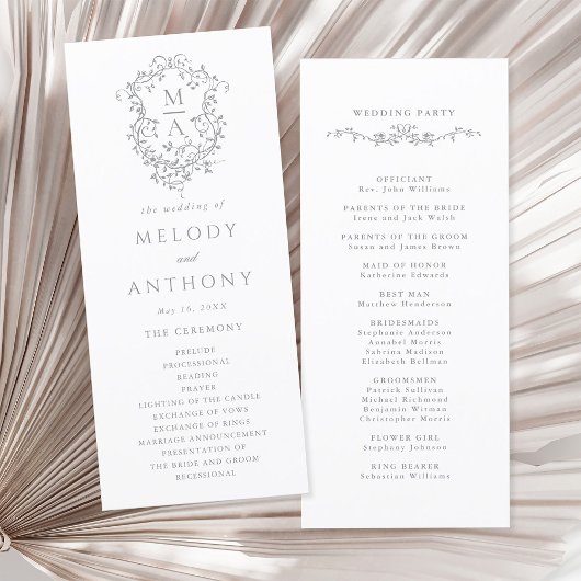 Programme Cérémonie de Mariage de Gris Classique Floral Cres