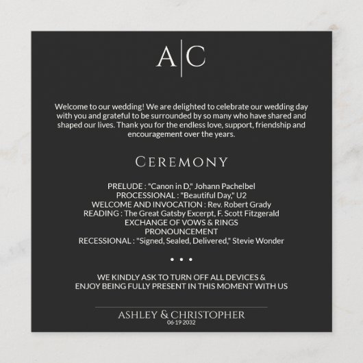 Programme Cérémonie de Mariage de monogramme Noir Noir Simpl (Devant)
