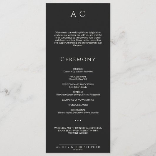 Programme Cérémonie de Mariage de monogramme Noir Noir Simpl (Devant)